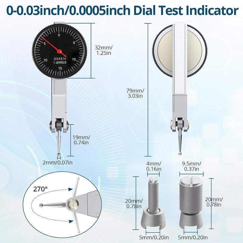 ALLmeter Store Dial Test Indicator 90lbs (40kg) Max Pull Magnetic Base Stand 0-0.03"/0.0005"Test Indicator Dial Indicator,3 Adjustable Joints 3/8 Inch (9.52mm) Clamping Hole for Machine Set-Up,Narrow Area - Image 5